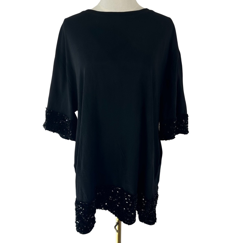 Sequin Trim Mini Dress Women M Black Tunic Party Glam Night Out Blouse Top Shirt